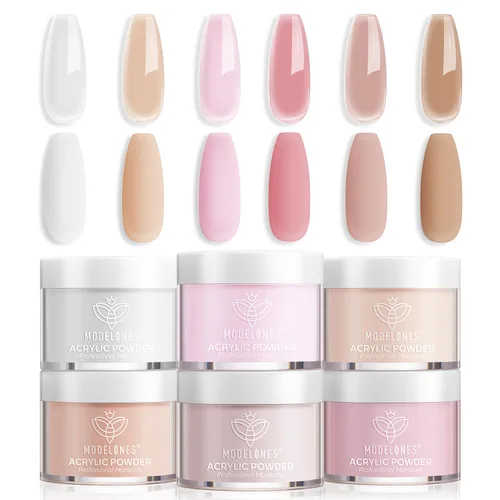 Modelones - Polvos acrílicos, juego de 6 colores de polvo acrílico transparente en tonos desnudos, blanco lechoso, rosa desnudo para arte de uñas