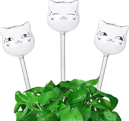 Paquete de 3 globos de riego automático para plantas, lindos gatos transparentes, mini bombillas de cristal transparente para interiores,