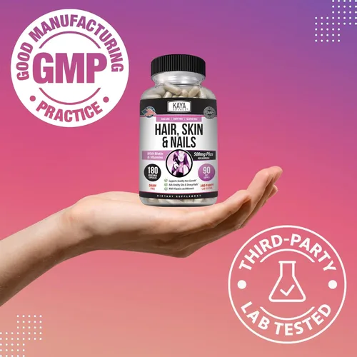 Miniatura 6 de Kaya Naturals Cápsulas de uñas para el cabello y la piel BIOTINA Vitamina D Vitamina B-12 A Soporte de ácido fólico, suplemento vitamínico de apoyo