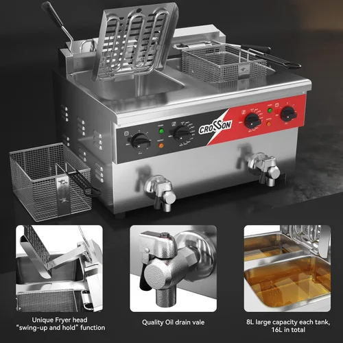 Miniatura 5 de CROSSON Freidora eléctrica de mostrador de doble tanque de 16L con "Swing-up and Hold", válvula de drenaje, tanque de aceite de formación por