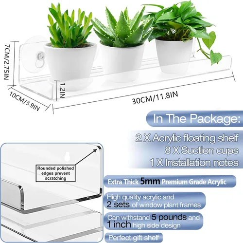 Miniatura 2 de Paquete de 2 cajas de ventana de acrílico de 12 pulgadas, estantes para plantas, con extensor de alféizar de ventana con ventosa, para suculentas