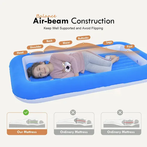 Miniatura 2 de Cama de aire para niños, colchón inflable para viaje de bebé con laterales, azul