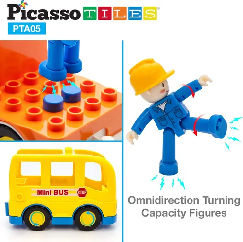 Miniatura 6 de PicassoTiles Juego de figuras magnéticas de 5 piezas para vehículos y figuras de acción, incluyendo autobús escolar, automóvil, camión y 2