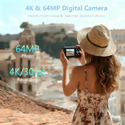 Cámara digital, UHD 4K 64MP apuntar y disparar cámaras digitales para fotografía con tarjeta de 64 GB, zoom óptico 16X, antivibración, cámara