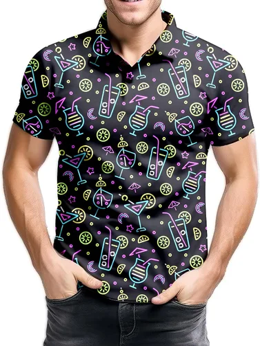 Miniatura 3 de Camisa de golf de los años 80 para hombre, ajuste seco, manga corta, estampada, divertidas, camisas de golf de los años 90 para hombre