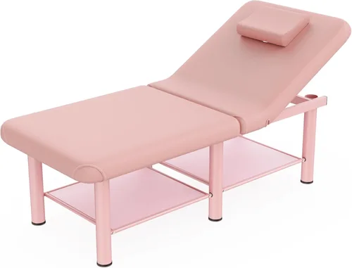 Miniatura 8 de pouseayar Mesa de masaje estacionaria rosa cama plegable con respaldo y espacio de almacenamiento para mesa de tratamiento, mesa de terapia física