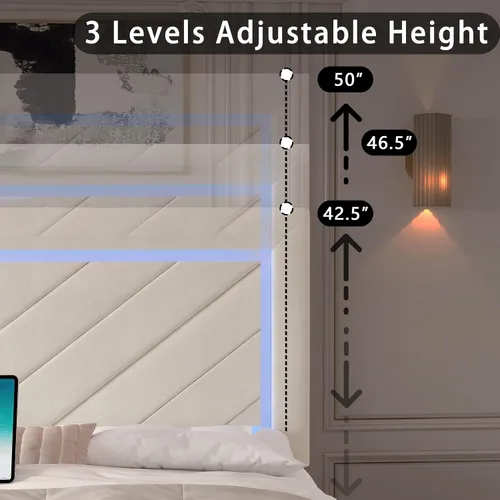 Miniatura 7 de Base de cama tamaño Queen con cabecera ajustable y cajón de almacenamiento, marco de cama tapizado Queen con luces LED RGB y estación de carga