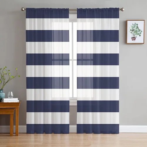 Miniatura 7 de Cortinas transparentes de rayas azules y blancas de 45 pulgadas de largo, juego de 2 paneles de cortinas semitransparentes con bolsillo para barra