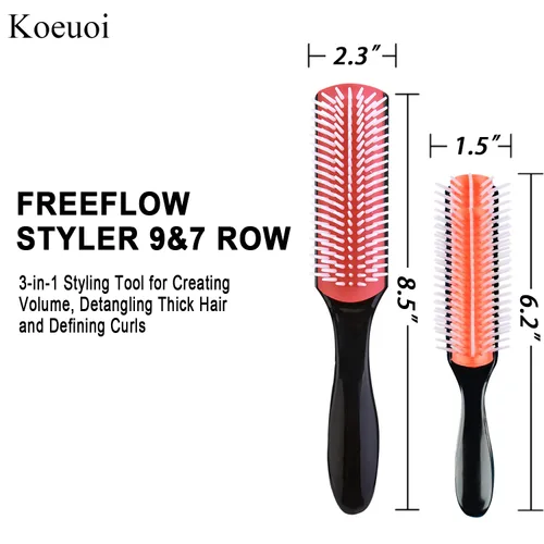 Miniatura 4 de Cepillo clásico de peinado para cabello rizado húmedo o seco. Cepillo negro de 9 filas para desenredar, separar y dar forma rojo (1 pieza)