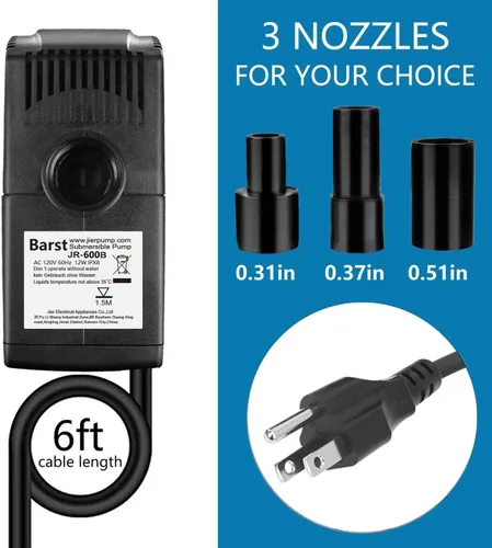 Miniatura 6 de BARST Bomba sumergible de 160 GPH con filtro, bomba de agua ultra silenciosa de 12 W, 600 L/H con cable de alimentación de 6 pies y 3 boquillas