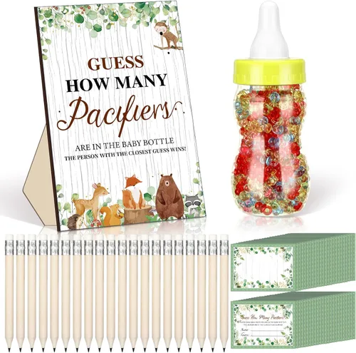 Miniatura 17 de Syhood Greenery Baby Shower Games Guess How Many Pacifiers Sage Game Signal, 50 pequeños juegos de adivinanzas, 20 lápices HB, botella de leche
