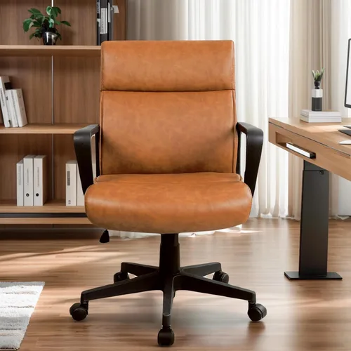 Miniatura 3 de Artswish Silla de oficina de cuero marrón, silla ergonómica de computadora con brazos de ruedas, silla de trabajo ajustable giratoria de 360°