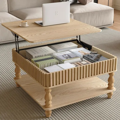 Miniatura 48 de 31.52" Square Lift Top Coffee Table with Storage, Natural Rattan & Hemp Rope, Adjustable Function, Vintage Farmhouse Center Table for Living Room