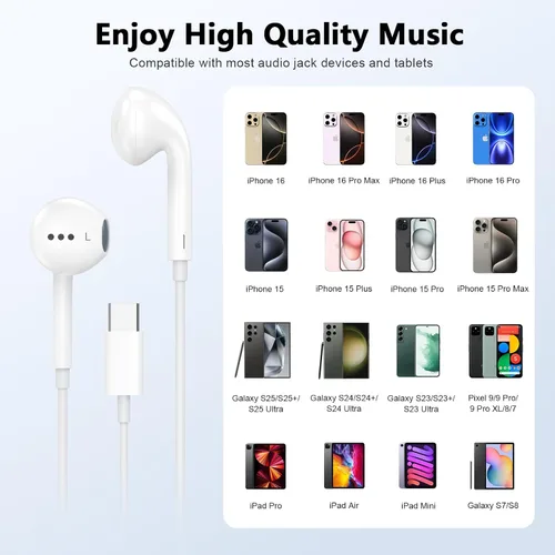 Miniatura 5 de [Certificado MFi de Apple] Auriculares USB C para iPhone 17 16, paquete de 2 auriculares con cable USB C con control remoto integrado para controlar