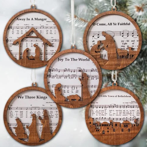Paquete de 5 adornos de natividad de partitura musical de madera a granel, adorno de escena católica de Navidad, recuerdo cristiano, decoración