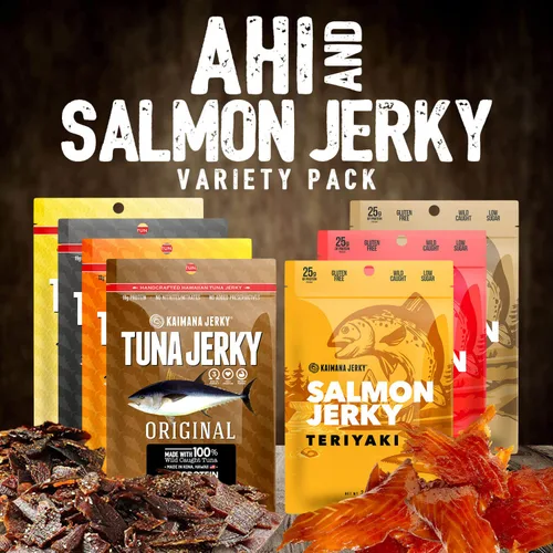 Miniatura 2 de Kaimana Jerky Ahi - Paquete de muestra de atún y salmón - Cecina de pescado totalmente natural y capturada en la naturaleza. Fabricado en Estados
