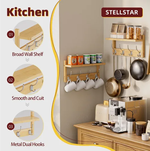 Miniatura 3 de STELLSTAR Perchero con estante, paquete de 2 colgadores de pared de bambú con 8 ganchos para entrada, pasillo, cocina, baño, sala de estar, cuarto