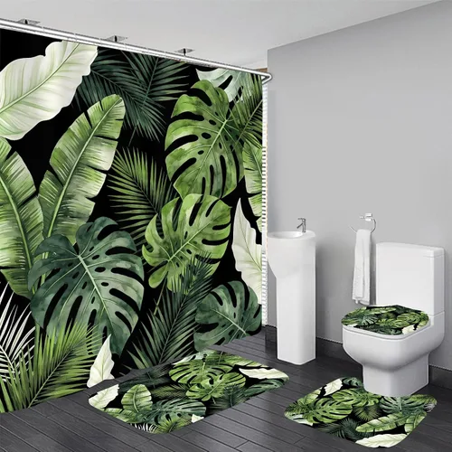 Miniatura 4 de LQCOOL 4Pcs Black Green Shower Curtain Set, Modern Minimalist Bathroom Sets, Abstract Botanical Bathroom Sets with Shower Curtain and Rugs, Tropical