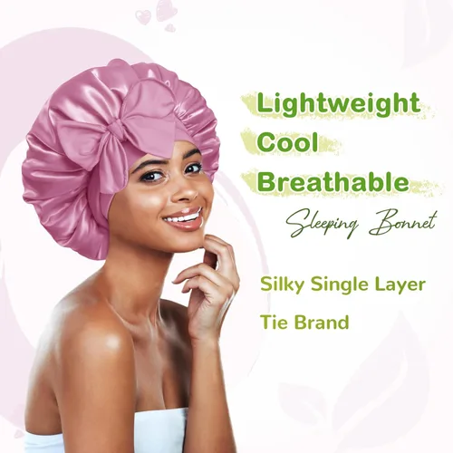 Miniatura 2 de Gorro de satén de seda para dormir con banda ancha para cabello rizado, color rosado oro rosa claro