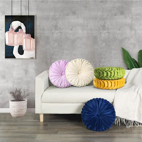 Miniatura 5 de HIG - Juego de 2 almohadas decorativas redondas plisadas, almohadas de calabaza de acento elegantes con botón central, almohadas de suelo