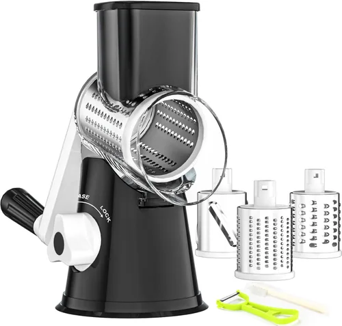 Miniatura 18 de Ourokhome rallador giratorio de queso con manivela manual, triturador de cocina con rebanador de mandolina de velocidad y raspador de hielo con Negro