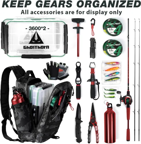 Miniatura 4 de Mochila de Pesca Ghosthorn con Bolsa de Aparejos y Bandolera - Mochila con Soporte para Caña - Caja de Aparejos Ligera para Regalos de Pesca
