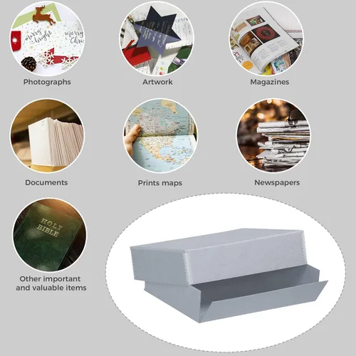 Miniatura 7 de Lineco, Caja de almacenamiento de archivo, organizador de preservación de museos con diseño frontal caído, sin ácidos con borde de metal, conserva
