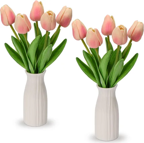 Miniatura 11 de Briful Paquete de 2 tulipanes artificiales de flores sintéticas con jarrón de cerámica, tulipanes morados de espuma de polietileno, arreglo floral