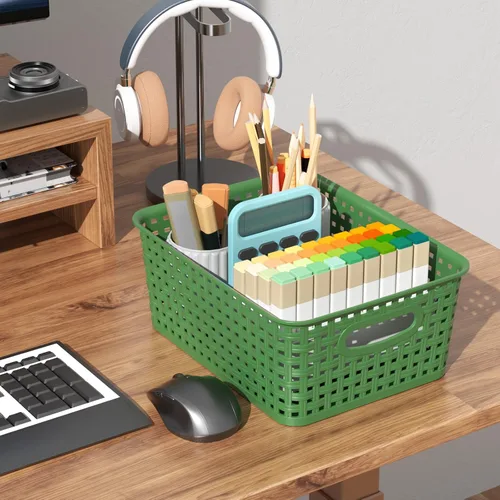 Miniatura 6 de Sadstory - Cesta de almacenamiento tejida de plástico verde oscuro, cesta de plástico para estantes, 6 paquetes