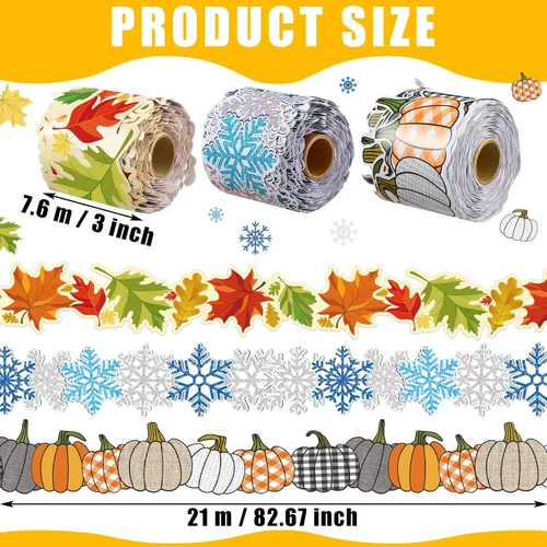 Miniatura 2 de Barydat Tablero de anuncios de copo de nieve de 206.7 pies, 3 rollos, borde de calabaza, hojas de arce, borde enrollado para casa de campo, borde