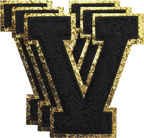Miniatura 97 de 3 parches de números de chenilla negra, tamaño grande de 4-1/2" parches de números para planchar, parches universitarios para ropa, 8" Borde oro rosa