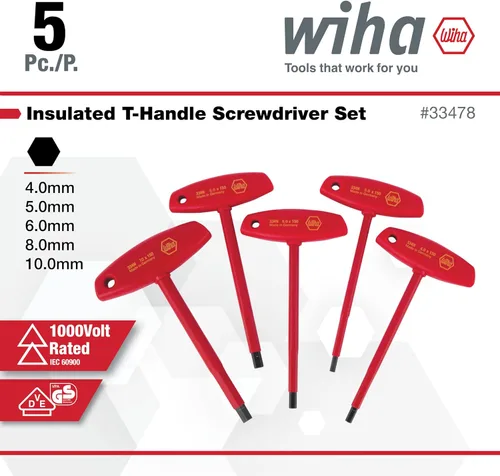 Miniatura 3 de Wiha Tools 33478 - Juego métrico hexagonal con mango en T aislado con 4.0, 5.0, 6.0, 8.0 y 0.394 in, 5 piezas, multi, talla única