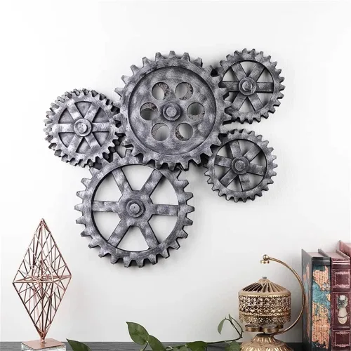 EESHHA Arte de pared vintage con rueda de engranaje, decoración de pared de madera, escultura de pared de madera estilo steampunk industrial, rueda