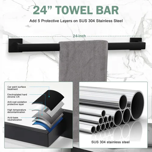 Miniatura 3 de VELIMAX Juego de 4 piezas de accesorios de baño de acero inoxidable de alta calidad, juego de toallero montado en la pared, negro mate, 24 pulgadas