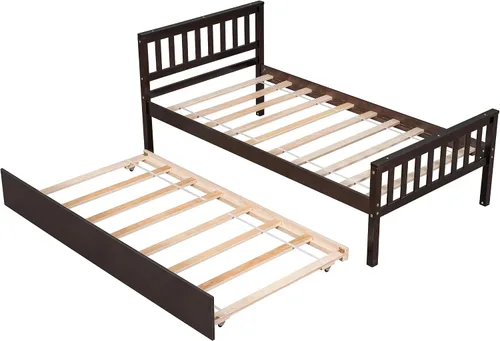 Miniatura 3 de VECELO Twin Size Platform Bed with Trundle, Solid Wood Twin Bed Frame with Slat Support, 400lbs+200lbs Weight Capacity, No Box Spring Needed