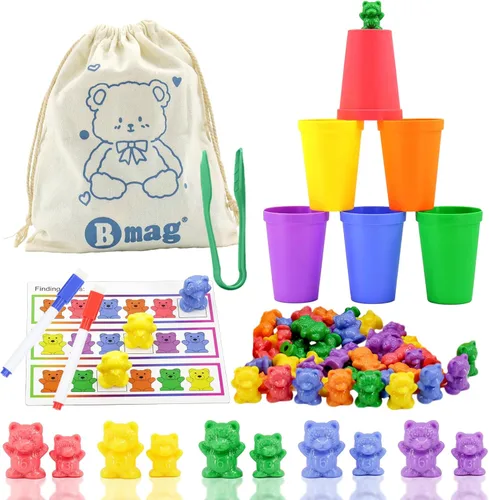 Miniatura 11 de Bmag Contando osos con tazas de clasificación a juego, juegos de aprendizaje de matemáticas preescolar con 2 dados, juguete educativo STEM
