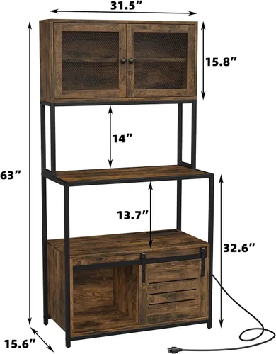 Miniatura 2 de Furniouse Estante de cocina de 6 niveles con toma de corriente, soporte industrial para horno microondas con estantes, puerta de prueba de polvo
