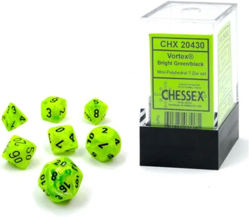 Chessex Juego de dados – Juego de dados poliédricos de plástico Vortex de 0.394 in color verde brillante/negro – Dungeons and Dragons D&D DND TTRPG