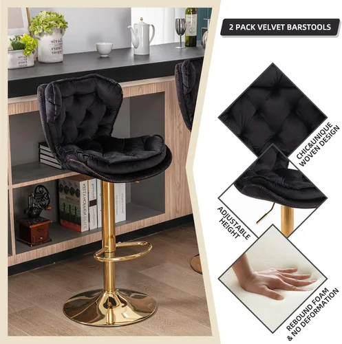 Miniatura 9 de Taburete de bar moderno giratorio de altura de pub, silla de comedor alta con asiento de terciopelo, respaldo, taburete hidráulico sin brazos, Negro