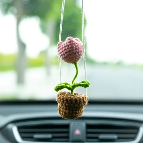 Miniatura 4 de Tulip - Adorno de ganchillo hecho a mano para automóvil, bonita flor de tulipán rosa, flor en maceta, cesta bohemia de punto para espejo retrovisor