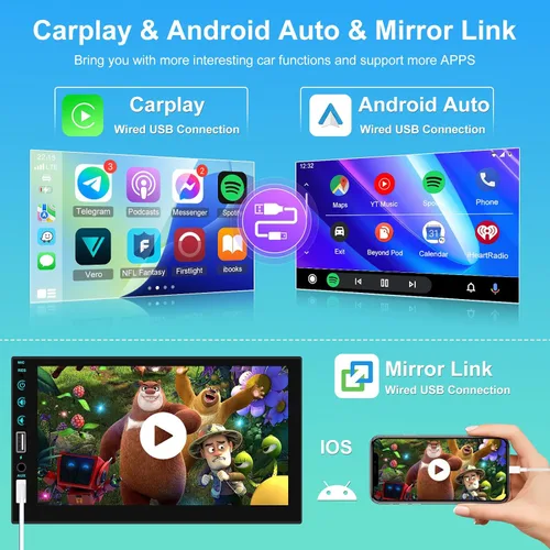 Miniatura 3 de Estéreo HD de 7 pulgadas con pantalla táctil DIN individual - Carplay y Android Auto, radio de coche de 1 DIN con Bluetooth, enlace de espejo, radio