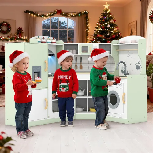 Miniatura 8 de Costzon Juego de cocina esquinera para niños, cocina de madera con sonidos y luces, lavadora, campana extractora, máquina de hielo, microondas, Verde