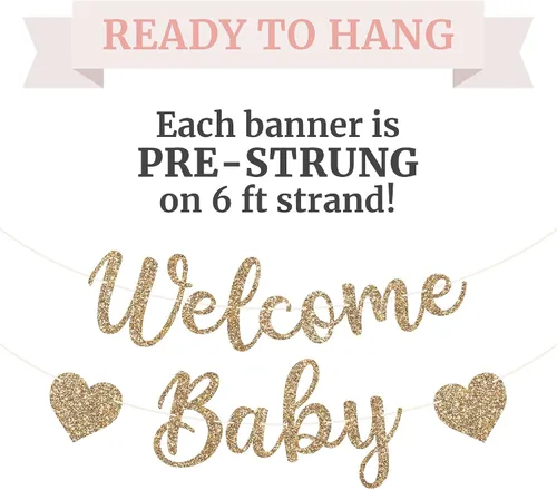 Miniatura 3 de Cartel de bienvenida preencordado para bebé, sin bricolaje, pancarta dorada con purpurina para fiesta de revelación de género en escritura