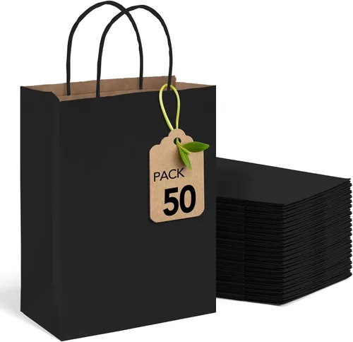 MESHA Bolsas de regalo de papel kraft negro de 8 x 4.25 x 10.5 pulgadas con asas, paquete de 50 bolsas de compras recicladas reutilizables a granel