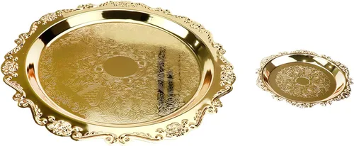 Quluxe Bandeja redonda vintage de metal para servir alimentos, 2 piezas, bandeja decorativa reutilizable para aperitivos para cocina, fiesta, centro