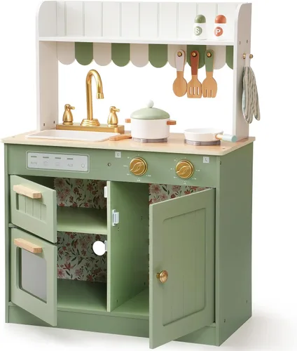 ROBOTIME Juego de cocina para niños pequeños, juego de cocina de madera con juego de alimentos de corte, juguetes de cocina de regalo para niños de