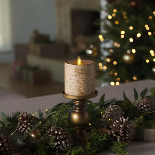Miniatura 2 de Luminara Vela LED sin Llama Envuelta en Corteza de Abedul Real, 3.5" x 4.5", Luz de Pilar de Llama en Movimiento Operada por Batería