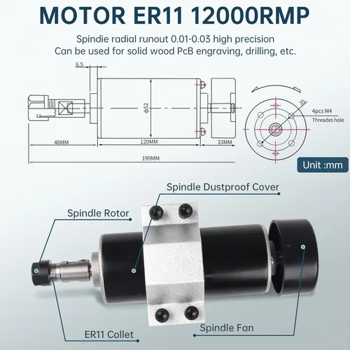 Miniatura 3 de RATTMMOTOR Motor de husillo refrigerado por aire CNC de 500 W ER11 12000RPM + voltaje de entrada AC110V-220V controlador de velocidad con fuente