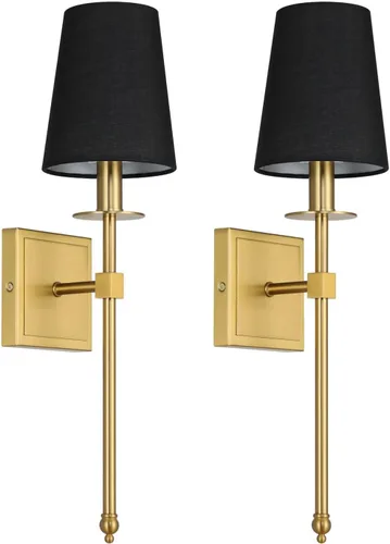 XiNBEi Lighting Apliques de Pared Juego de 2, Iluminación de Aplique de Latón Cepillado Cableado con Pantalla de Tela Negra Lámpara de Montaje en