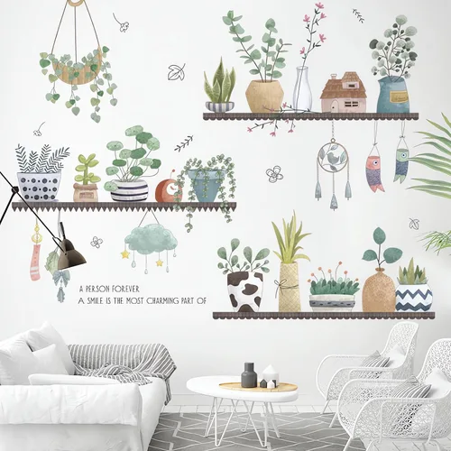 Miniatura 3 de Calcomanías de pared en maceta con plantas verdes frescas, hojas de sacinora para jardín, calcomanías de pared extraíbles de vinilo para despegar